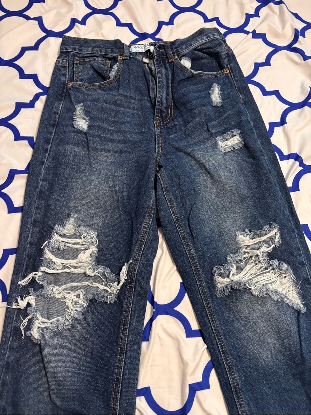 Wax Jean Distressed Dark Blue Boyfriend Jeans